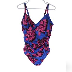 Aqua Green One Piece Floral Shirred Drape Padded Swimsuit XL Blue Black